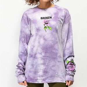 Broken Promises Purple Tie-Dye Long Sleeve Shirt with Rose Graphic Size Medium